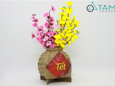 Bình hoa Tết Vintage Chậu tre Mai đào số 07 cao 60cm